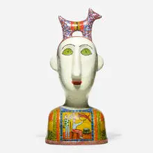 KéKé Cribbs, Federico, 2001, reverse-fired enamels on glass mosaics, hybridized concrete, gold luster and copper