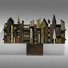 Paul Evans, Important Skyline cabinet, 1966, welded and patinated steel, colored pigments, brass