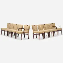 Paul Theodore Frankl, Dining chairs, set of ten, c. 1948, stained mahogany, upholstery