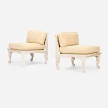 John Hutton, Lounge chairs, pair, c. 1980, whitewashed wood, upholstery