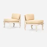 John Hutton, Lounge chairs, pair, c. 1980, whitewashed wood, upholstery