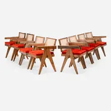 Pierre Jeanneret, Office Cane chairs from Chandigarh, set of eight, c. 1960, teak, cane, velvet upholstery