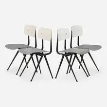 Result chairs, set of four by Wim Rietveld and Friso Kramer, 1959, enameled steel, pressed and lacquered ciranol, plastic, sold Mar 2025