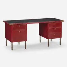 attribution Jacques Adnet, Desk, c. 1960, saddle-stitched leather over steel, brass, laminate over wood