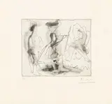 Pablo Picasso, Peintre et modèle nu assis avec une spectatrice, 1963, Aquatintaradierung auf BFK Rives-Velin