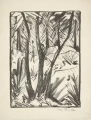 Otto Mueller, Waldlandschaft mit kleinen Figuren (2), Um 1919, Lithografie auf dünnem Papier