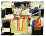 Jessica Stockholder, Ohne Titel, 2001, Holzschnitt, Reliefarbeit, Kunstpelz, Bütten und Linoleum auf Karton