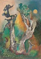 Alte Weidenstämme am Moor by Edmund Kesting, 1950, Mischtechnik auf Hartfaser, sold Jun 2023