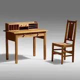 Gustav Stickley, Rare inlaid desk and chair, models 720 and 394, 1905-12, curly maple, painted wood, pewter, and fruitwood inlay, rush