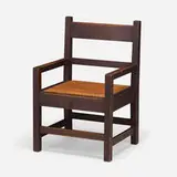 Roycroft, Armchair, model 28, c. 1906, oak, leather, enameled iron