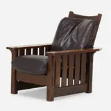 Flat-arm Morris chair, model 332 by Gustav Stickley, 1904-07, oak, leather, cotton cord, sold Sep 2021