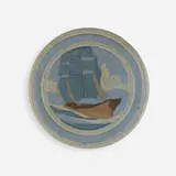 Marblehead Pottery, Trivet with schooner, 1908-20, glazed earthenware