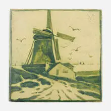 Charles Volkmar, Tile with windmill, c. 1910, glazed earthenware