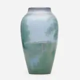Carl Schmidt for Rookwood Pottery, Banded scenic Vellum vase with covered bridge