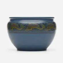 Rare jardinière with dolphins by Arthur Eugene Baggs for Marblehead Pottery, 1908-20, glazed earthenware, sold Sep 2021