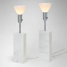 Nessen Studio, Table lamps, pair, c. 1960, marble, linen shade, nickel-plated steel