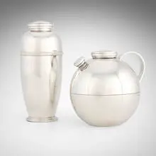 Cocktail shakers, set of two by Sylvia Stave, c. 1935, silver-plated metal, sold Mar 2025
