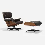 Charles and Ray Eames, 670 lounge chair and 671 ottoman, rosewood plywood, leather, brushed and enameled aluminum