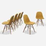 DKW-1s, set of six by Charles and Ray Eames, 1951, upholstery, enameled steel, walnut, sold Feb 2025