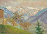 Otto Modersohn, Frühling vom Gängele (Balkon am Gailenberger Wohnhaus) - Blick in das Ostrachtal mit der Hintersteiner Bergkette, 1933, Öl auf Holz