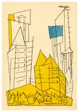 Lyonel Feininger, Stadt“ – „Bauhaus-Ausstellung Juli – Oktober 1923, 1923, Farblithografie auf leichtem Karton (Postkarte)