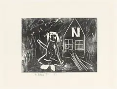 André Butzer, Ohne Titel (Frau vor dem N-Haus), 2003, 7 Linolschnitte auf Velin
