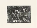 André Butzer, Ohne Titel (Frau vor dem N-Haus), 2003, 7 Linolschnitte auf Velin