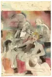 Magnus Zeller, Im Travestielokal, Um 1920, Aquarell über Bleistift auf Papier. Rückseitig: Abenteurer. Um 1946. Aquarell und Tuschfeder