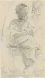 Adolph von Menzel, Prof. Koch im Kostüm seiner Orientreisen“ / Am Tisch sitzender Mann mit einem Glas (zweiseitig)