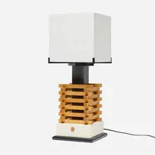 Garry Knox Bennett, STDBA #73 table lamp, 2016, acrylic, maple, copper, laminate, painted wood, enameled aluminum