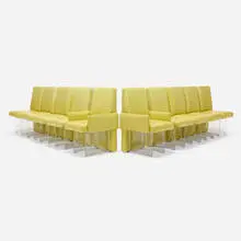 Vladimir Kagan, Clos dining chairs, set of ten, c. 1975, Lucite, vinyl upholstery, casters