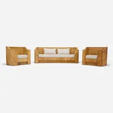 Modern, Three-piece outdoor set, c. 1975, bamboo, upholstery