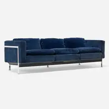Robert Haussmann, Sofa, model RH 302, upholstery, chrome-plated steel, lacquered wood
