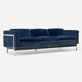 Robert Haussmann, Sofa, model RH 302, upholstery, chrome-plated steel, lacquered wood