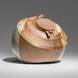 Sandra Johnstone, Large lidded vessel, c. 1975, glazed earthenware, leather, wood