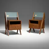Nightstands from the M.L.A. Flats building, Chandigarh, pair by Pierre Jeanneret, c. 1955, teak, glass, aluminum, offered Jul 2025