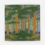 The Pines tile by Addison LeBoutillier for Grueby Faience Company, c. 1906, glazed earthenware decorated in cuenca, sold Sep 2021
