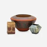 Collection of three student vessels by State School of Ceramics at Alfred University, c. 1903-20, earthenware with applied pigment, glazed earthenware, sold Sep 2021