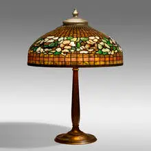 Tiffany Studios, Dogwood Band table lamp, c. 1910, leaded glass, acid-etched and gilt bronze