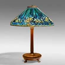 Tiffany Studios, Rare blue Daffodil table lamp, c. 1910, leaded glass, patinated bronze