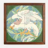 Rare tiles, set of four by Addison LeBoutillier for Grueby Faience Company, c. 1909, glazed earthenware decorated in cuerda seca, sold Sep 2021