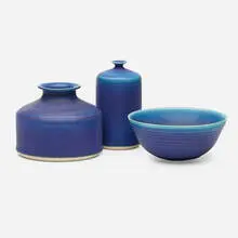 Brother Thomas Bezanson, Collection of three vessels, c. 1970, matte cobalt blue-glazed porcelain