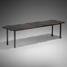 Annie Fourmanoir, Coffee table, 2018, patinated steel, glazed ceramic