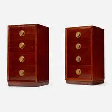 Nightstands, pair by Gilbert Rohde, c. 1940, mahogany, patinated brass, sold Feb 2025