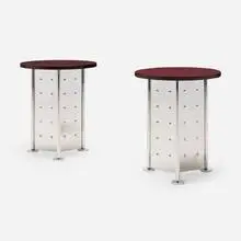 Philippe Starck, Occasional tables from the Royalton Hotel, pair, 1988, ribbon mahogany, stainless steel