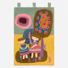 Garden tapestry by Evelyn Ackerman, 1962, hand-hooked wool, sold Feb 2025