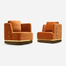 Dooq, Panorama swivel lounge chairs, pair, c. 2000, cotton velvet, brass, lacquered MDF