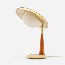 Angelo Lelii, Table lamp, c. 1955, brass, lacquered aluminum, leather, white glass
