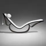 Rio chaise lounge by Oscar and Anna Maria Niemeyer, lacquered wood, leather upholstery, rubber, brass, sold Feb 2025