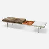 Contract Bench System by George Nelson & Associates, 1958, aluminum, sheepskin, leather, walnut, laminate, lacquered steel, sold Feb 2025